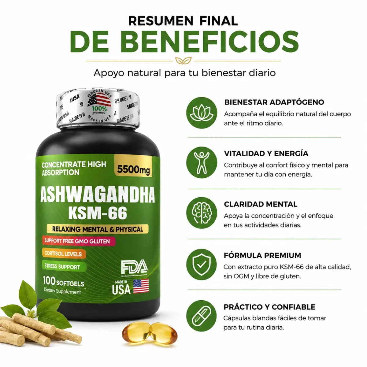 Ashwagandha KSM-66 (5500 mg) — 100 Softgels - Zivanne
