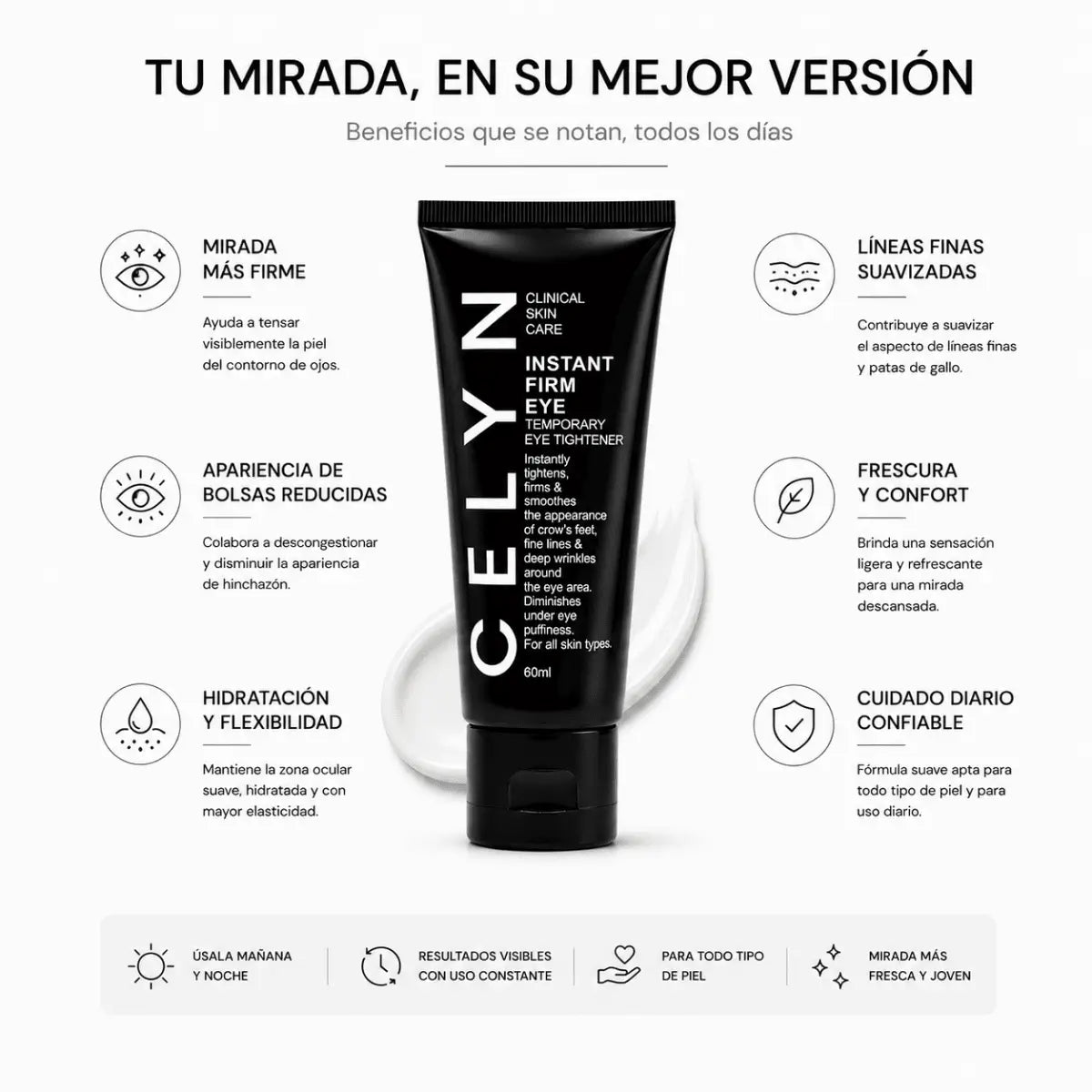 Tubo de crema tensora para contorno de ojos CELYN Instant Firming Eye Cream 60ml Zivanne