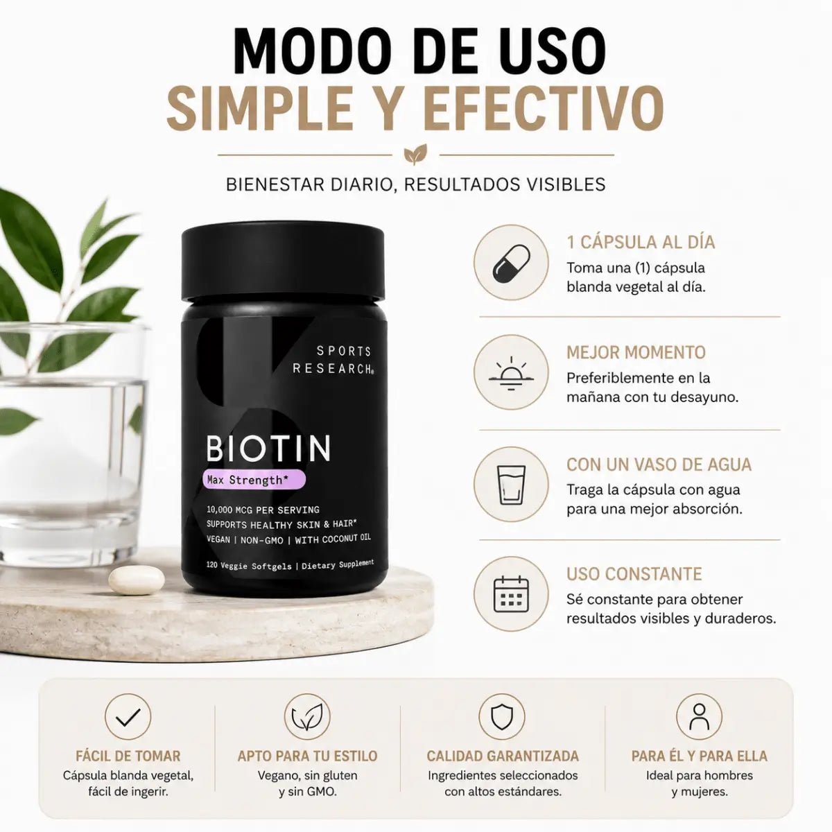 Sports Research Biotin 10,000 mcg con Aceite de Coco (120 Softgels) - Zivanne