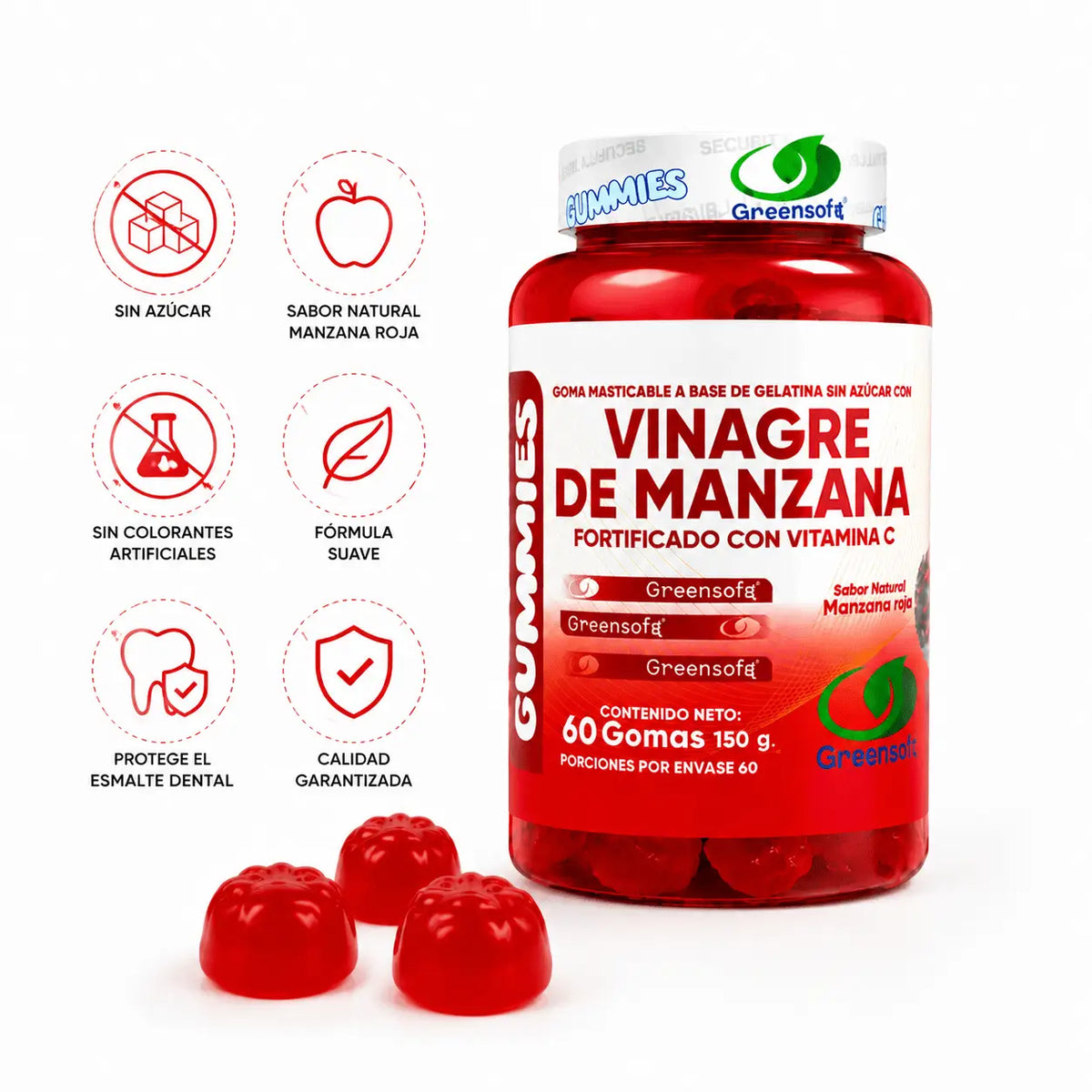 GreenSoft Gummies Vinagre de Manzana con Vitamina C 60 Gomitas Zivanne