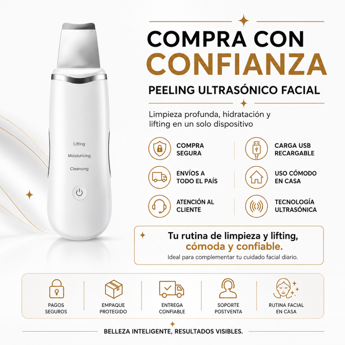 Zivanne Espátula Facial Ultrasónica Portátil — Dispositivo para cuidado cosmético - Zivanne