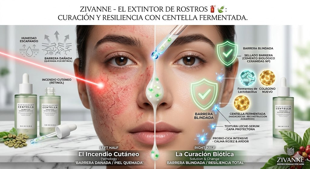 El "Extintor" de Rostros 🧯🌿: Cómo la Centella de Madagascar y los Probióticos salvan una piel "quemada" por el Retinol.