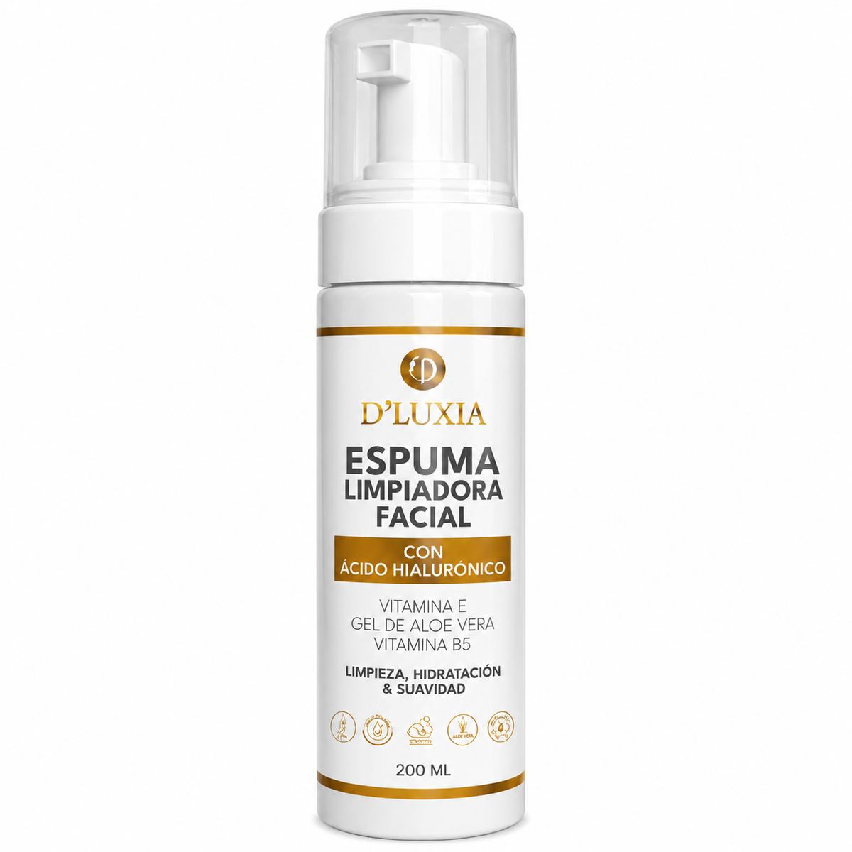 D'LUXIA, Espuma Limpiadora Facial con Vitamina C, Ácido Hialurónico y Elastina, Limpieza Profunda y Suave, 200 ml