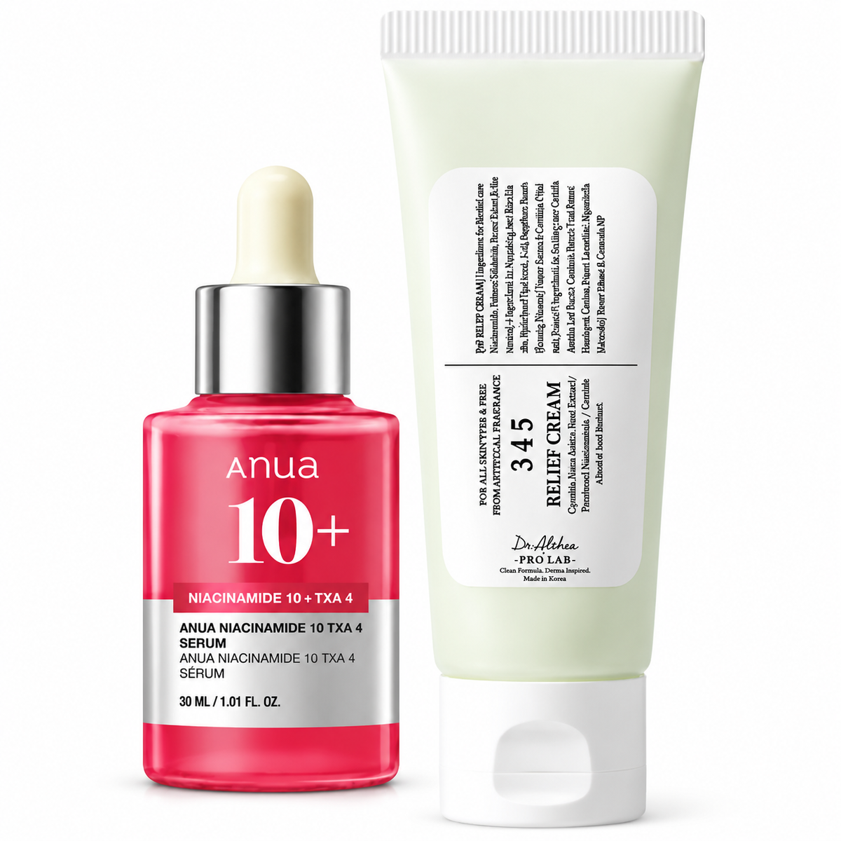 Zivanne, Kit Tono Uniforme y Barrera Calmante, Anua Niacinamide 10 TXA 4 Serum 30ml + Dr. Althea 345 Relief Cream 60ml, Set de 2 Piezas