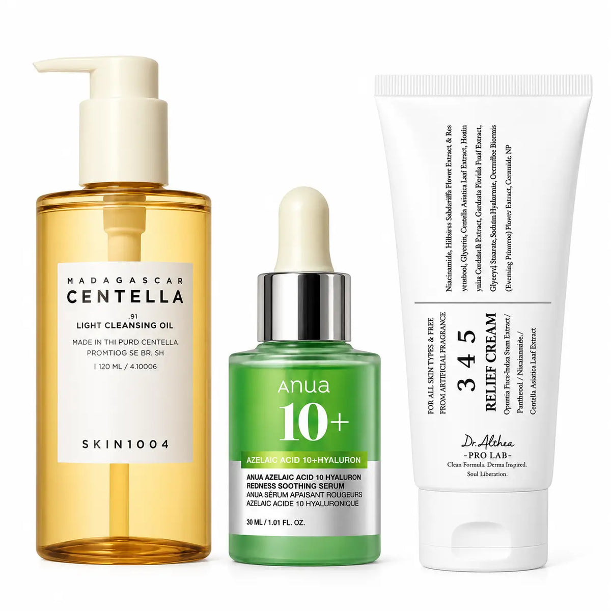Kit Rutina Coreana K-Beauty Perfeccionadora y Calmante, SKIN1004 Aceite Limpiador 120 ml + Anua Sérum Ácido Azelaico 10% 30 ml + Dr. Althea 345 Relief Cream 30 ml