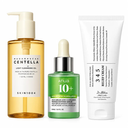 Kit Rutina Coreana K-Beauty Perfeccionadora y Calmante, SKIN1004 Aceite Limpiador 120 ml + Anua Sérum Ácido Azelaico 10% 30 ml + Dr. Althea 345 Relief Cream 30 ml