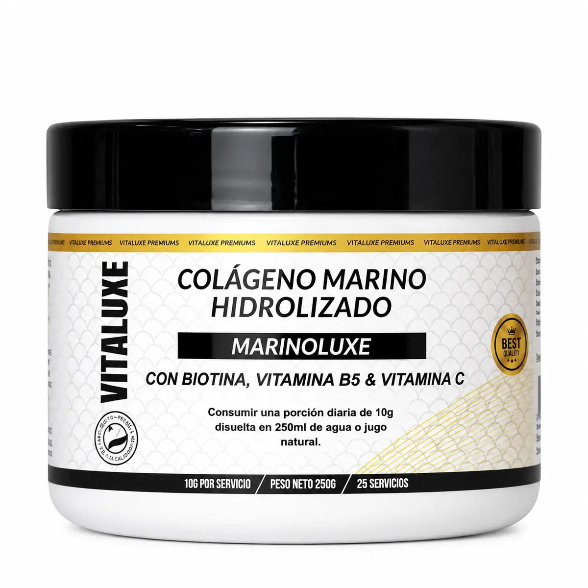 Vitaluxe, Colágeno Marino Hidrolizado Marinoluxe, Suplemento Nutricional con Biotina y Vitaminas, 250 g