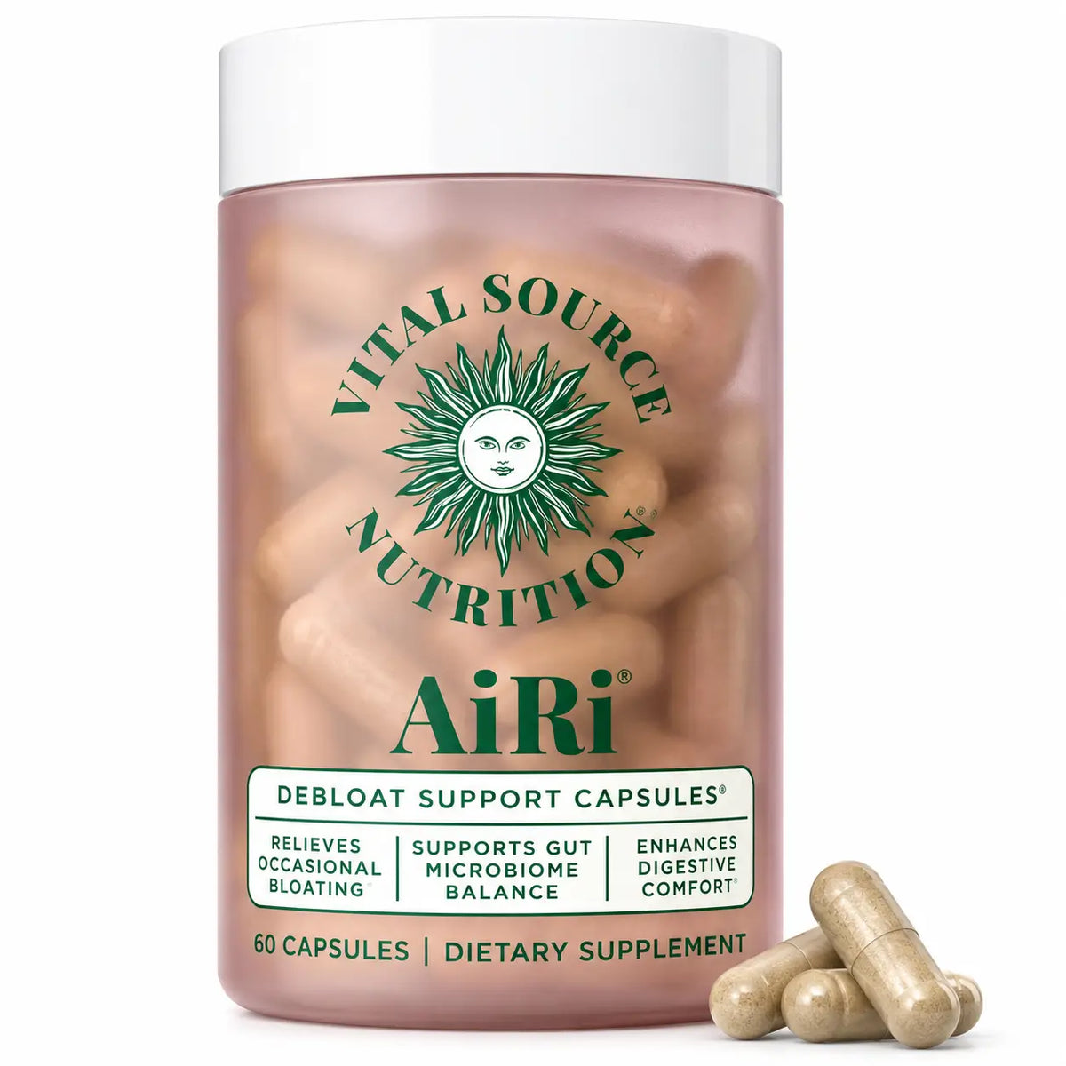 Vital Source Nutrition, AiRi Debloat Support Capsules, Suplemento Alimenticio Digestivo, 60 Cápsulas