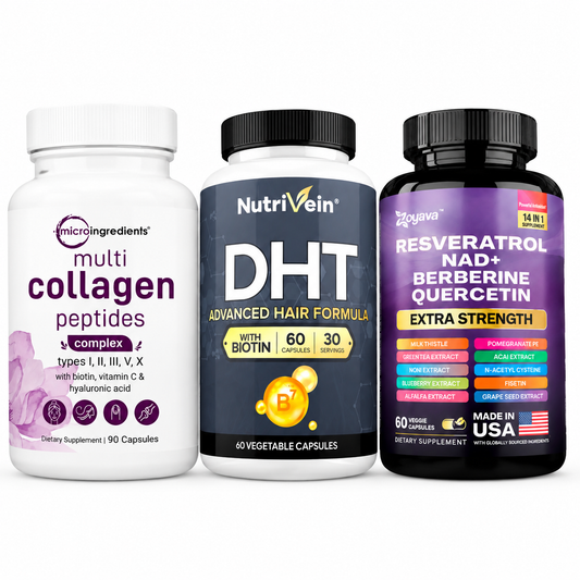 Zivanne, Kit Triplo Anti-Edad Capilar y Longevidad Celular, Micro Ingredients Multi Collagen + Nutrivein Hair Formula + Zoyava Resveratrol, Set de 3 Piezas