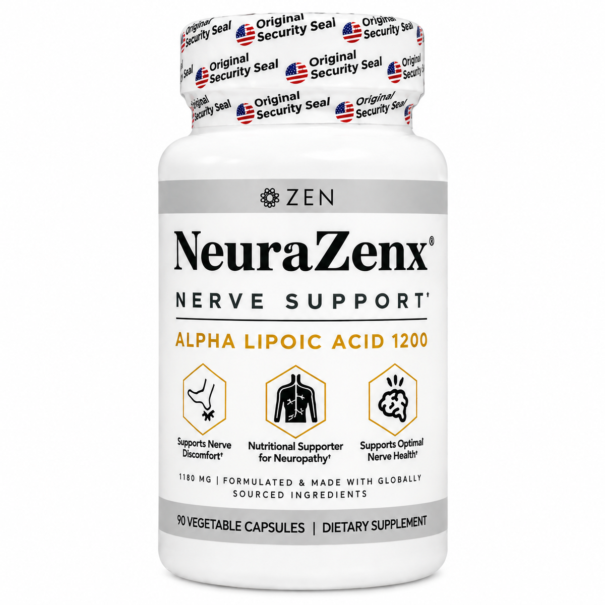 NeuraZenx, Nerve Support Alpha Lipoic Acid 1200, Suplemento Alimenticio de Apoyo Neurológico, 90 Cápsulas Vegetales