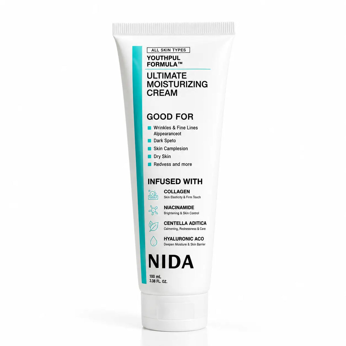 NIDA, Youthful Facial Cream, Crema Aclarante y Rejuvenecedora con Colágeno, Niacinamida y Centella Asiática, 100 ml