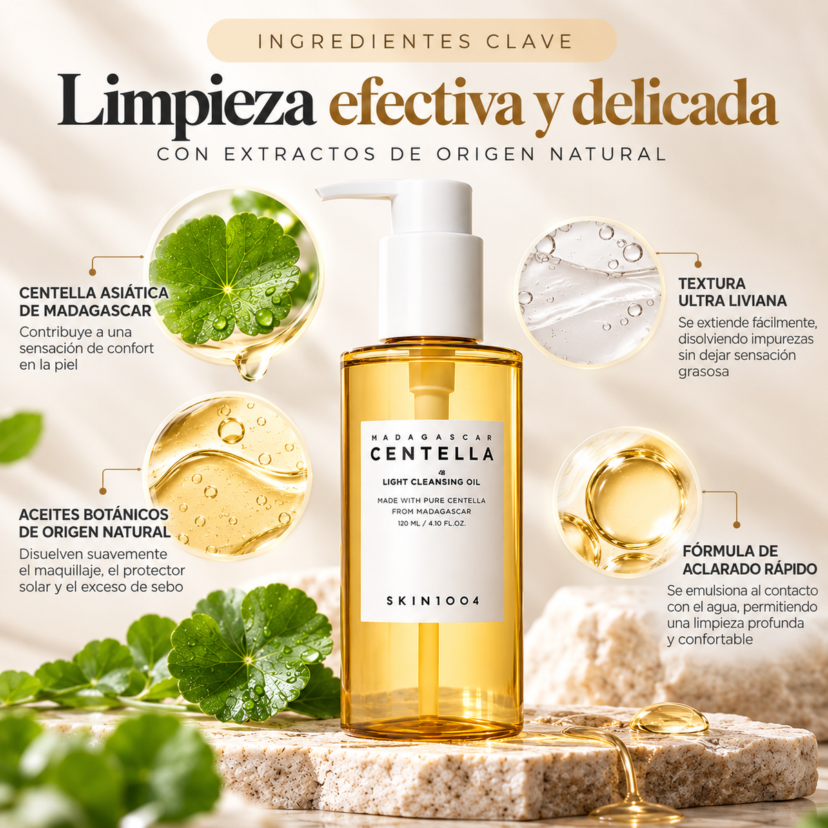 SKIN1004, Madagascar Centella Light Cleansing Oil, Aceite Limpiador Facial Desmaquillante y Purificante K-Beauty, 120 ml