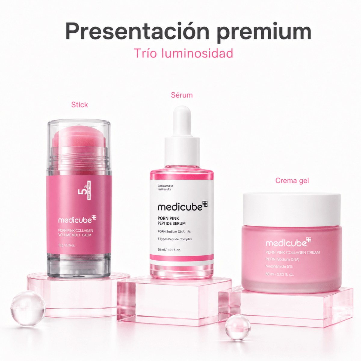 Kit Facial Medicube PDRN Pink: Sérum + Crema + Stick – Trío Luminosidad - Zivanne