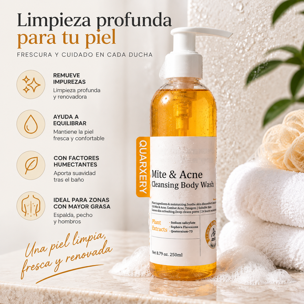 Quarxery, Gel de Baño Corporal Purificante y Limpiador, 250 ml