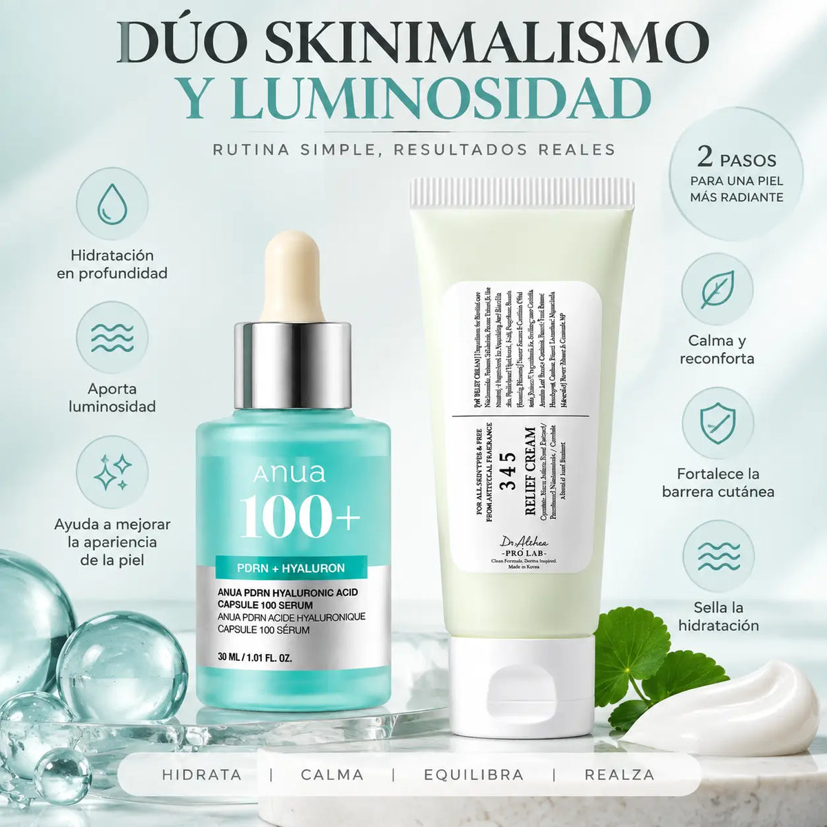 Zivanne, Dúo Skinimalismo y Luminosidad, Anua PDRN Hyaluronic Serum 30ml + Dr. Althea 345 Relief Cream 60ml, Kit de 2 Piezas