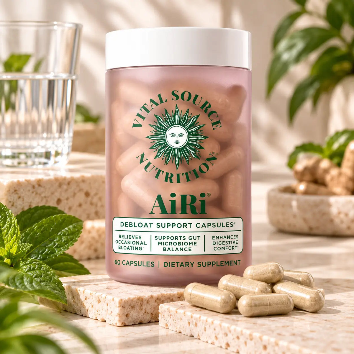 Vital Source Nutrition, AiRi Debloat Support Capsules, Suplemento Alimenticio Digestivo, 60 Cápsulas