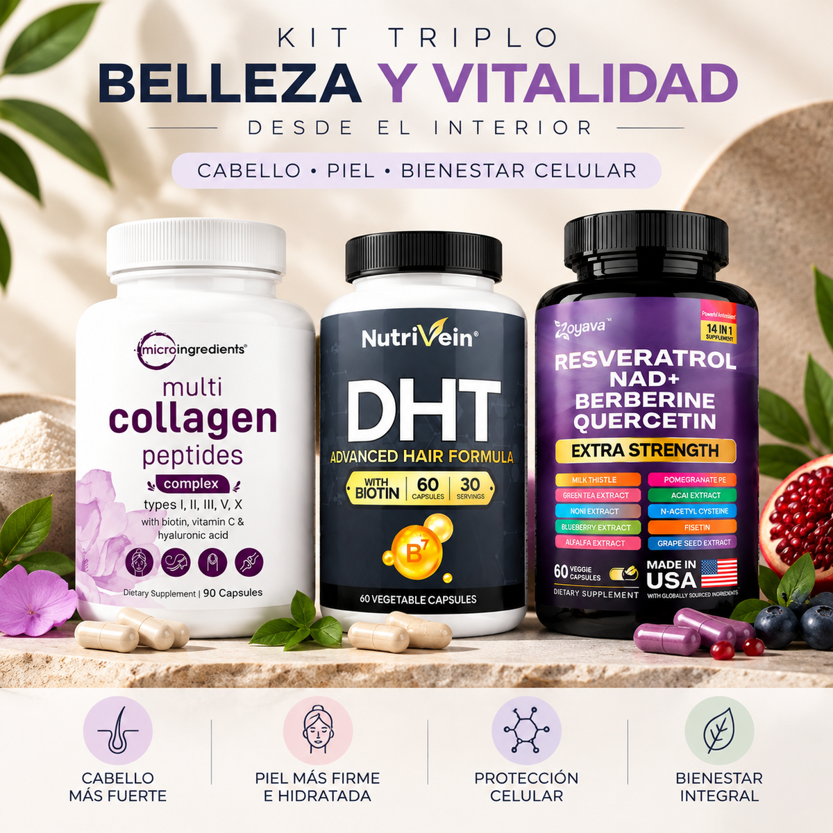 Zivanne, Kit Triplo Anti-Edad Capilar y Longevidad Celular, Micro Ingredients Multi Collagen + Nutrivein Hair Formula + Zoyava Resveratrol, Set de 3 Piezas