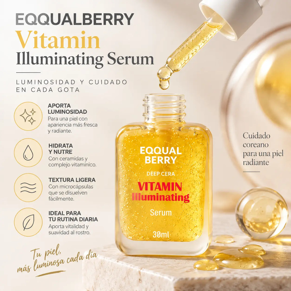 EQQUALBERRY, Deep Cera Vitamin Illuminating Serum, Sérum Facial Iluminador, 30 ml