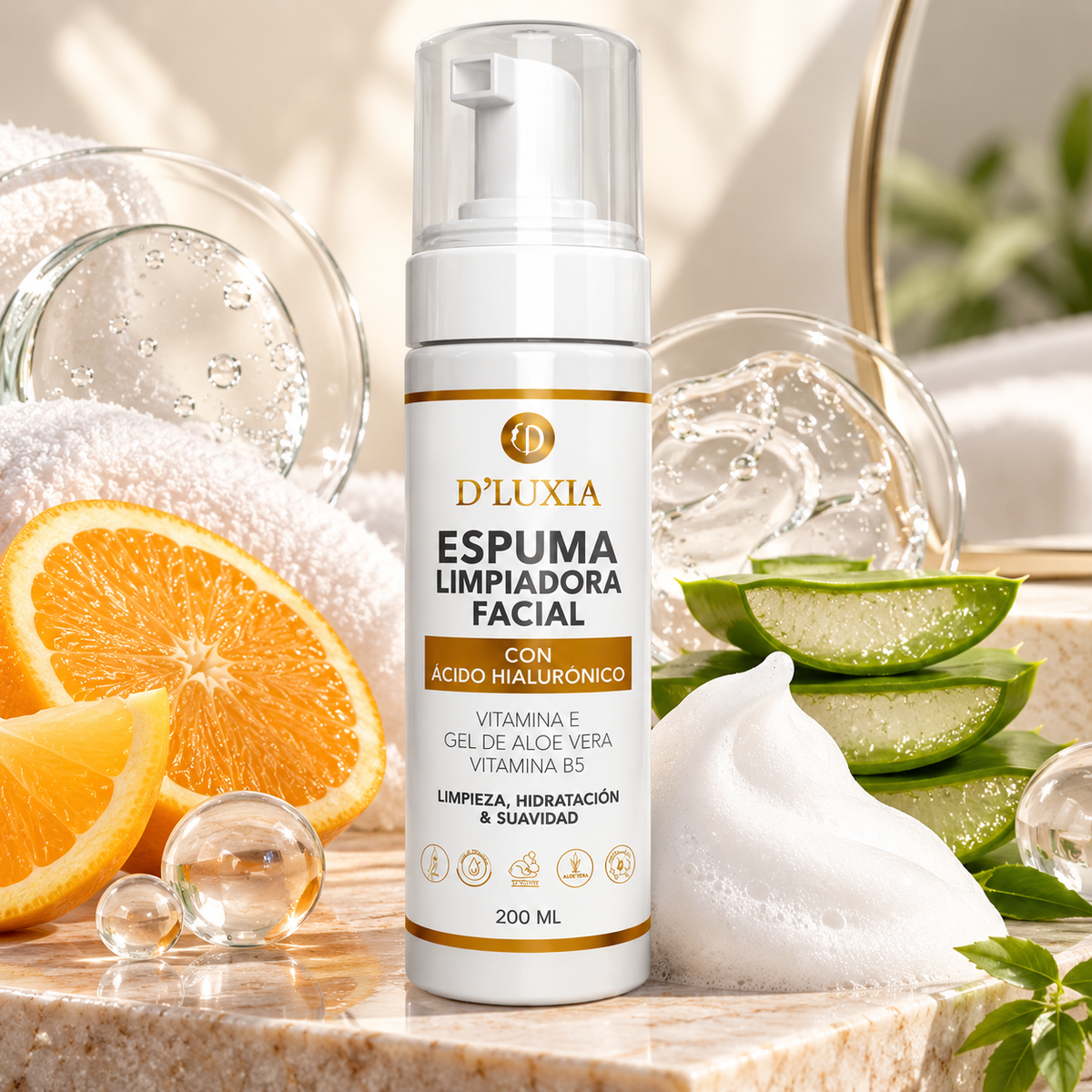 D'LUXIA, Espuma Limpiadora Facial con Vitamina C, Ácido Hialurónico y Elastina, Limpieza Profunda y Suave, 200 ml