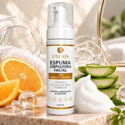 D'LUXIA, Espuma Limpiadora Facial con Vitamina C, Ácido Hialurónico y Elastina, Limpieza Profunda y Suave, 200 ml