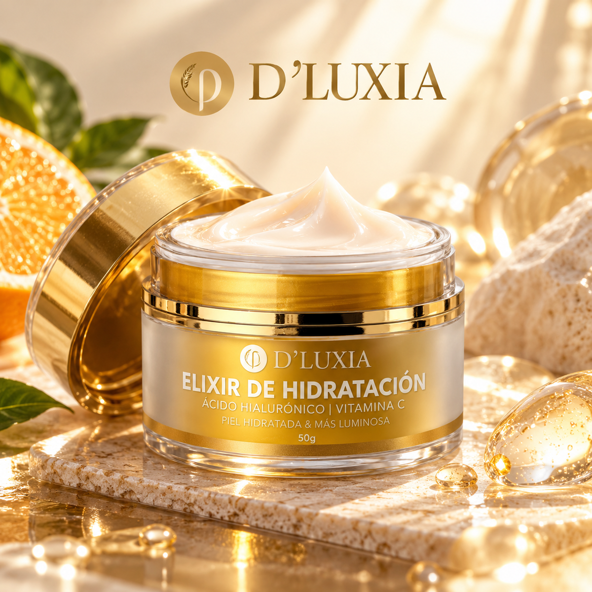 D'LUXIA, Elixir de Hidratación Facial con Ácido Hialurónico y Vitamina C, Piel Luminosa y Radiante, 50 g