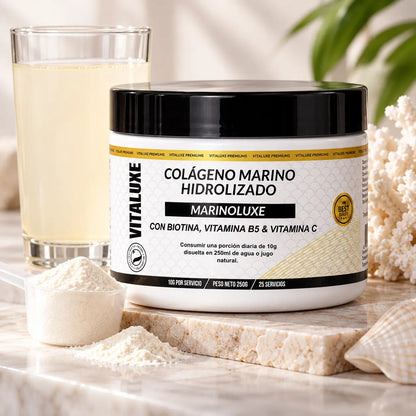 Vitaluxe, Colágeno Marino Hidrolizado Marinoluxe, Suplemento Nutricional con Biotina y Vitaminas, 250 g