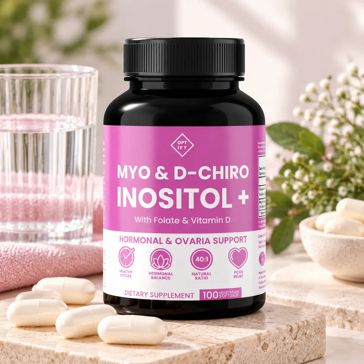 Optify, Myo & D-Chiro Inositol Plus, Suplemento Alimenticio para el Balance Hormonal y Salud Ovárica, 120 Cápsulas