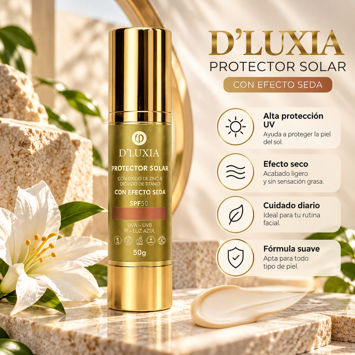 D'LUXIA, Protector Solar Facial con Efecto Seco, Alta Protección UV y Anti-Edad, 50 g