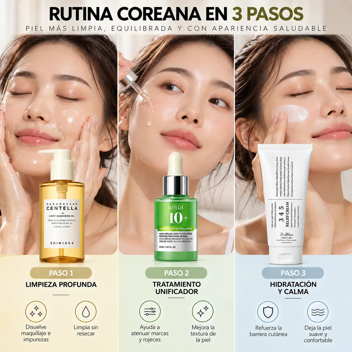 Kit Rutina Coreana K-Beauty Perfeccionadora y Calmante, SKIN1004 Aceite Limpiador 120 ml + Anua Sérum Ácido Azelaico 10% 30 ml + Dr. Althea 345 Relief Cream 30 ml
