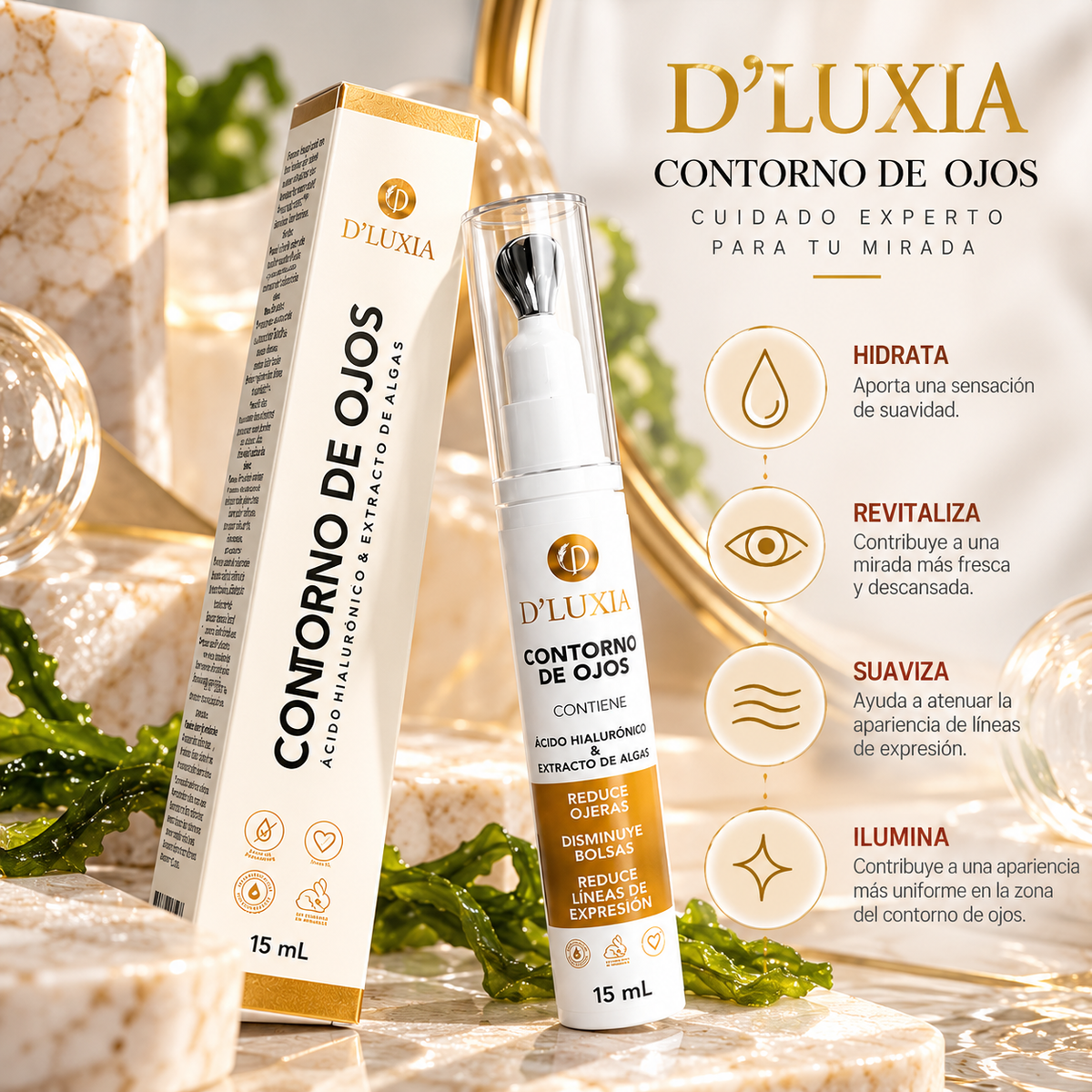 D'LUXIA, Contorno de Ojos Revitalizante Anti-Ojeras y Bolsas, Efecto Tensor e Hidratante, 15 g