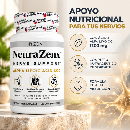 NeuraZenx, Nerve Support Alpha Lipoic Acid 1200, Suplemento Alimenticio de Apoyo Neurológico, 90 Cápsulas Vegetales