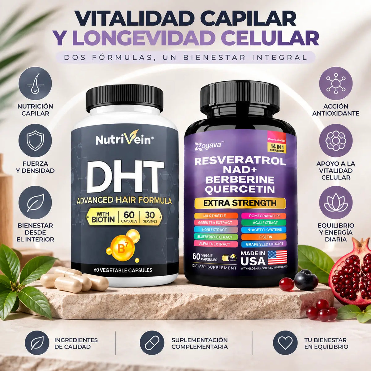 Zivanne, Kit Vitalidad Capilar y Longevidad Celular, Nutrivein Hair Formula + Zoyava Resveratrol Complex, Set de 2 Piezas