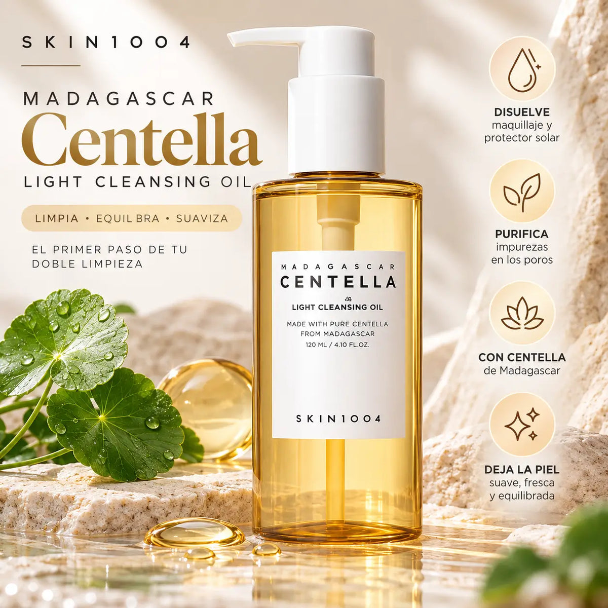 SKIN1004, Madagascar Centella Light Cleansing Oil, Aceite Limpiador Facial Desmaquillante y Purificante K-Beauty, 120 ml