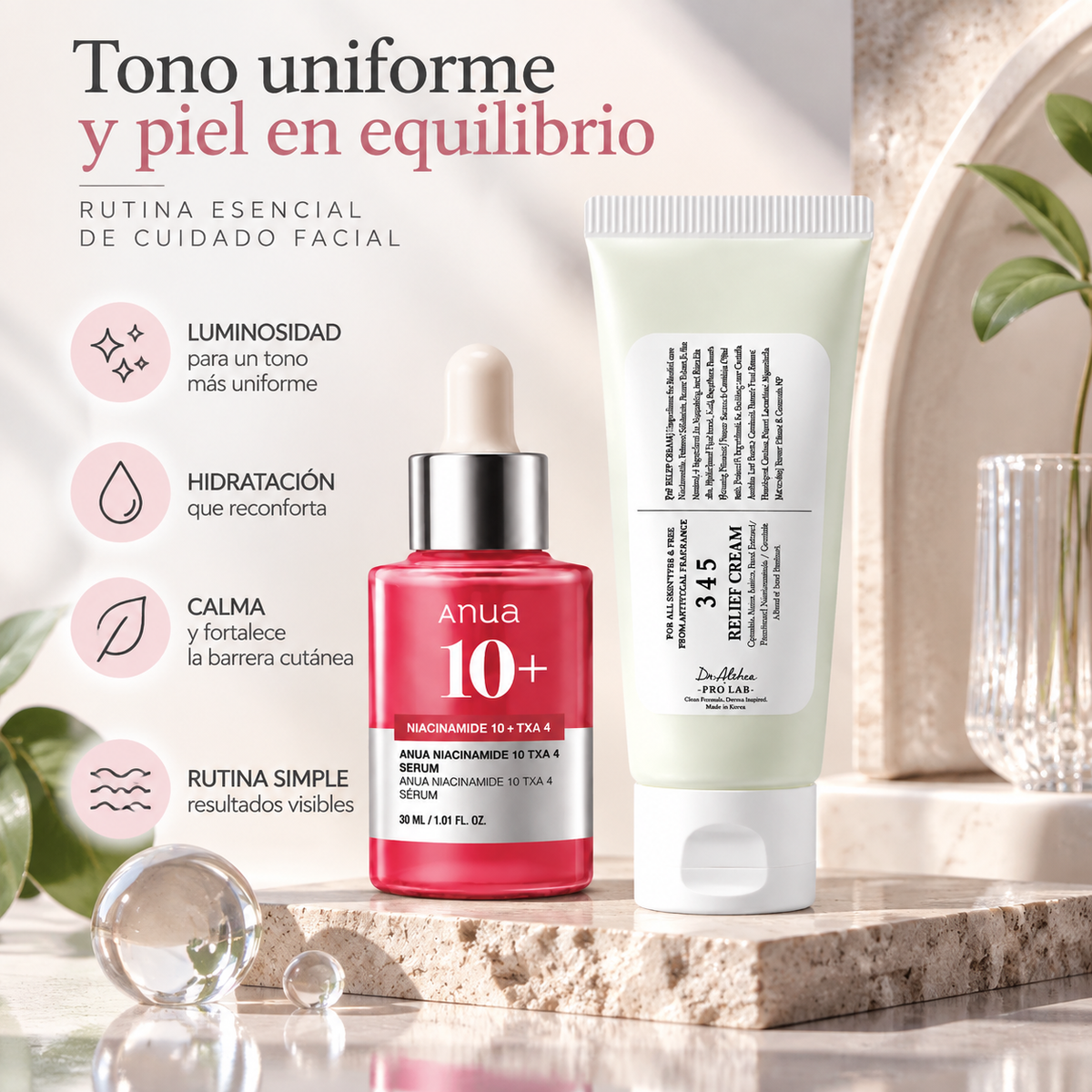 Zivanne, Kit Tono Uniforme y Barrera Calmante, Anua Niacinamide 10 TXA 4 Serum 30ml + Dr. Althea 345 Relief Cream 60ml, Set de 2 Piezas