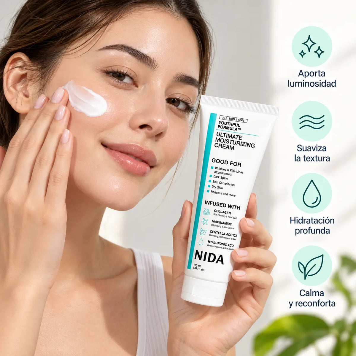 NIDA, Youthful Facial Cream, Crema Aclarante y Rejuvenecedora con Colágeno, Niacinamida y Centella Asiática, 100 ml