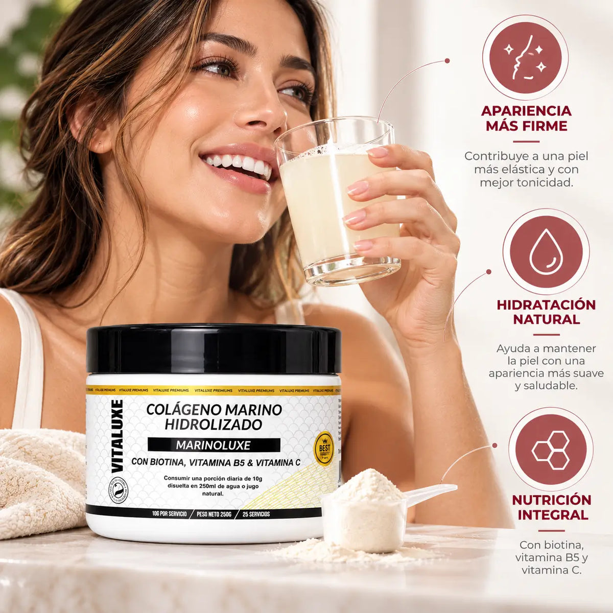 Vitaluxe, Colágeno Marino Hidrolizado Marinoluxe, Suplemento Nutricional con Biotina y Vitaminas, 250 g