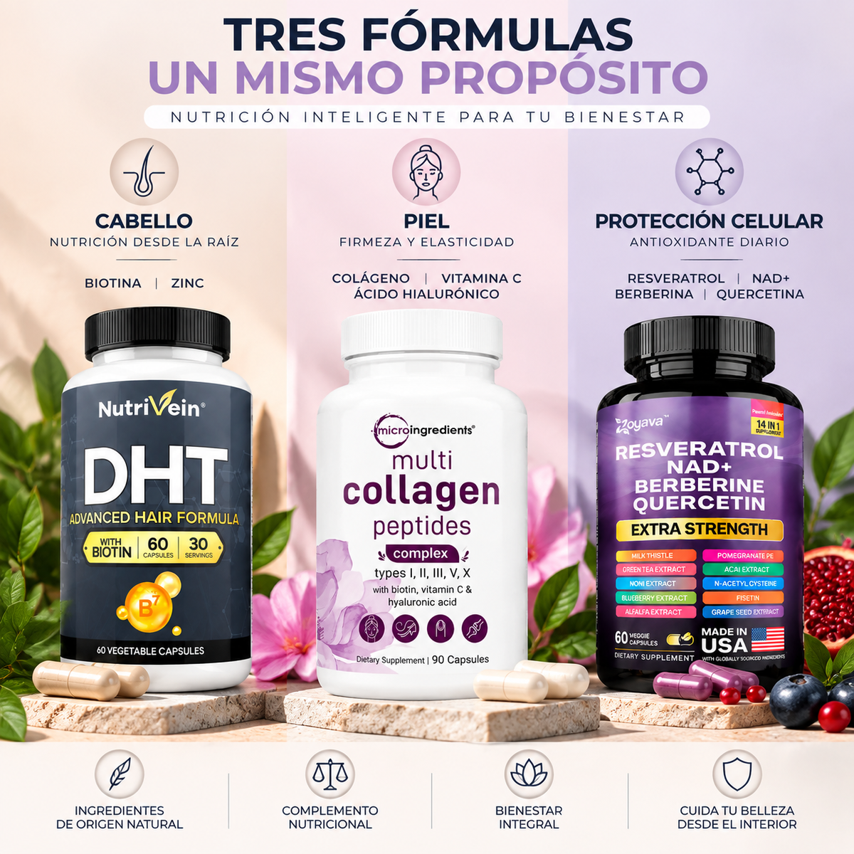 Zivanne, Kit Triplo Anti-Edad Capilar y Longevidad Celular, Micro Ingredients Multi Collagen + Nutrivein Hair Formula + Zoyava Resveratrol, Set de 3 Piezas