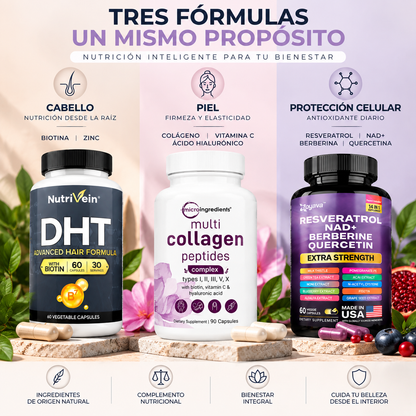 Zivanne, Kit Triplo Anti-Edad Capilar y Longevidad Celular, Micro Ingredients Multi Collagen + Nutrivein Hair Formula + Zoyava Resveratrol, Set de 3 Piezas