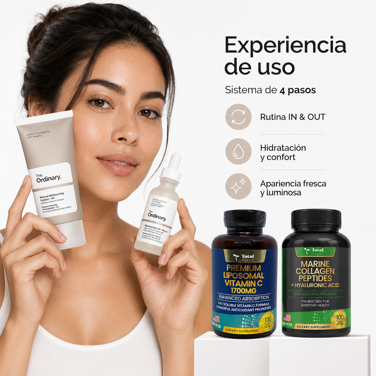 Kit Protocolo Estructural In y Out con suplementos de Colágeno Marino, Vitamina C Liposomal y cosméticos The Ordinary de Zivanne