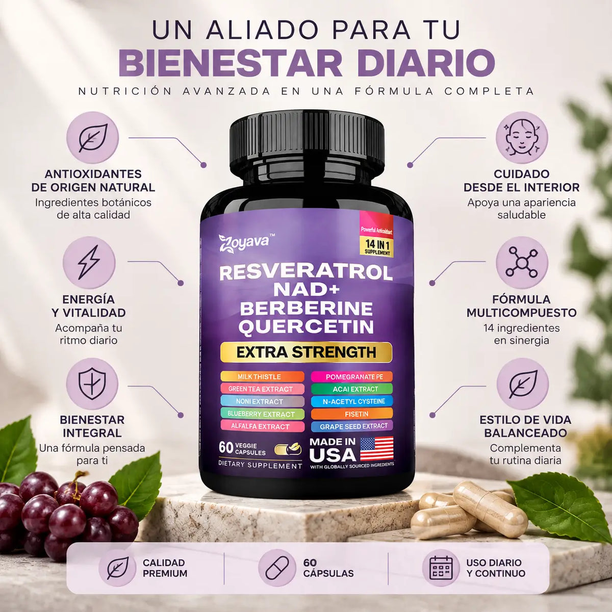 Zoyava, Resveratrol Complex Extra Strength, Suplemento Alimenticio Antioxidante, 60 Cápsulas