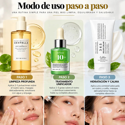 Kit Rutina Coreana K-Beauty Perfeccionadora y Calmante, SKIN1004 Aceite Limpiador 120 ml + Anua Sérum Ácido Azelaico 10% 30 ml + Dr. Althea 345 Relief Cream 30 ml