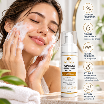 D'LUXIA, Espuma Limpiadora Facial con Vitamina C, Ácido Hialurónico y Elastina, Limpieza Profunda y Suave, 200 ml
