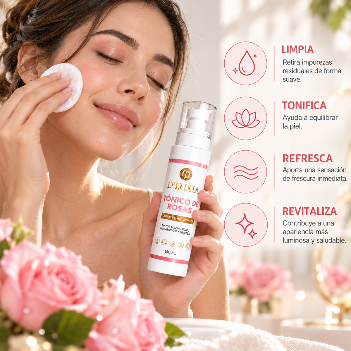 D'LUXIA, Tónico de Rosas Facial, Equilibrio, Frescura y Revitalización, 150 ml