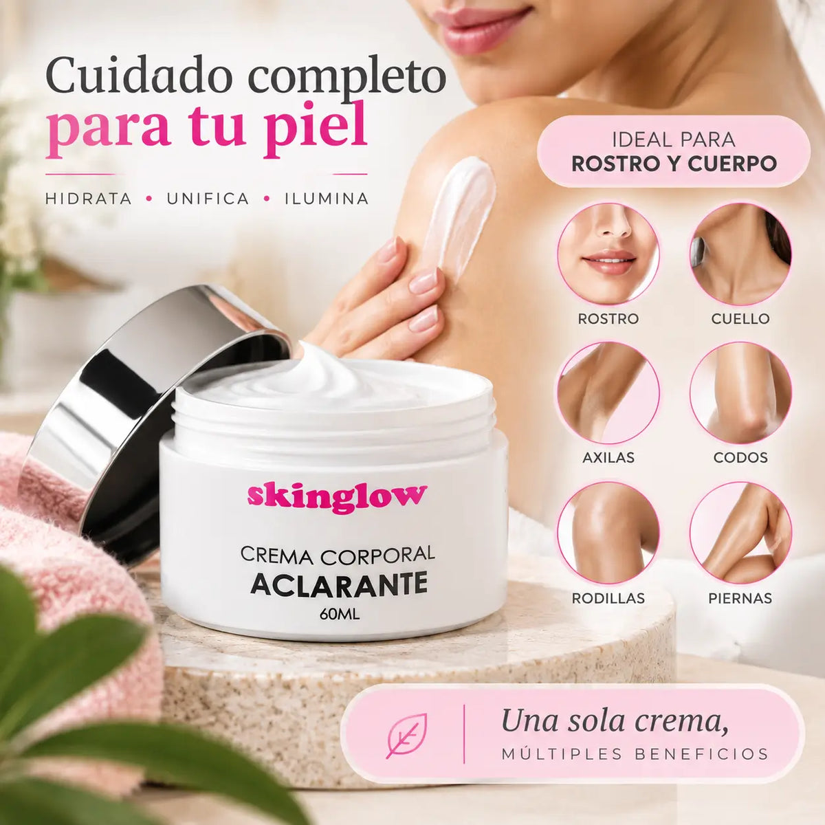 SkinGlow, Crema Facial y Corporal Iluminadora, Unificadora del Tono, 60 ml
