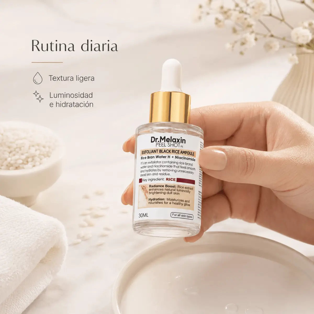 Ampolla facial iluminadora Dr Melaxin Rice Brightening 30ml con extracto de arroz y niacinamida K-Beauty Zivanne