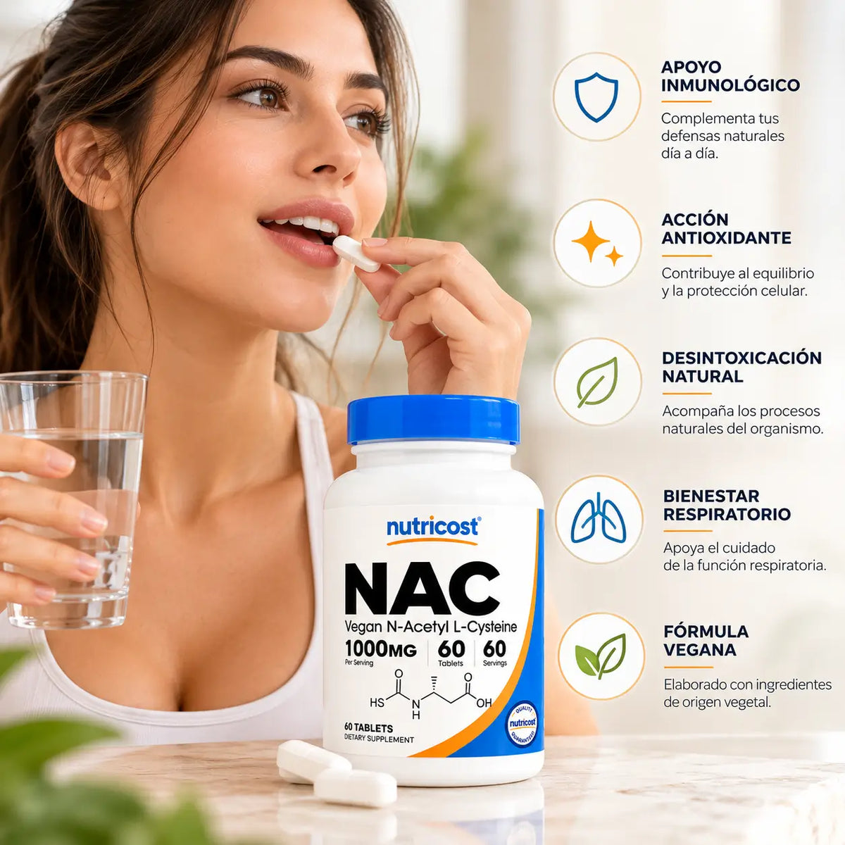 Nutricost, Vegan NAC N-Acetyl L-Cysteine 1000 mg, Suplemento Alimenticio Antioxidante, 60 Tabletas