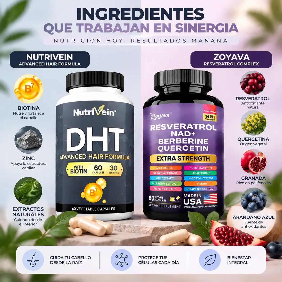 Zivanne, Kit Vitalidad Capilar y Longevidad Celular, Nutrivein Hair Formula + Zoyava Resveratrol Complex, Set de 2 Piezas