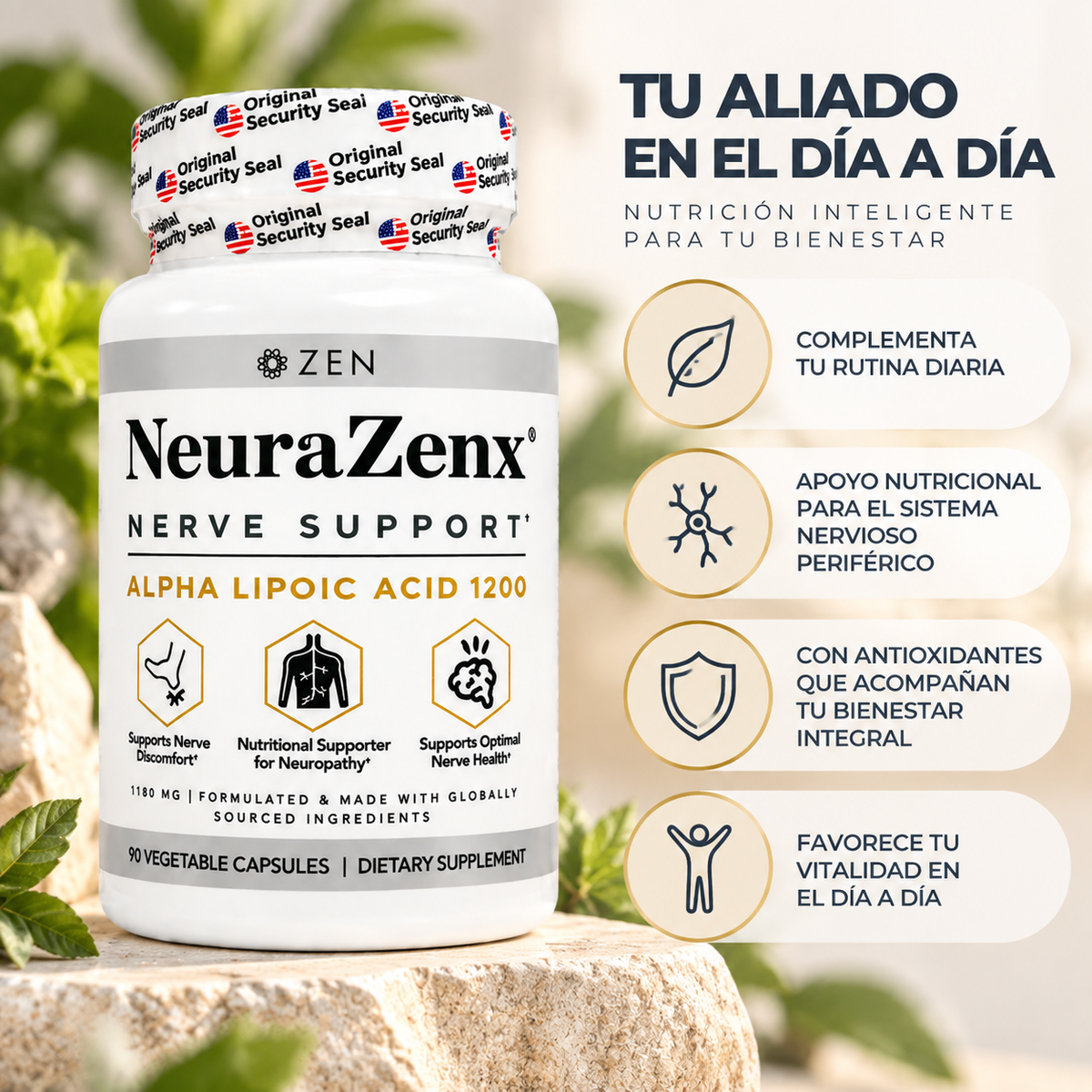NeuraZenx, Nerve Support Alpha Lipoic Acid 1200, Suplemento Alimenticio de Apoyo Neurológico, 90 Cápsulas Vegetales