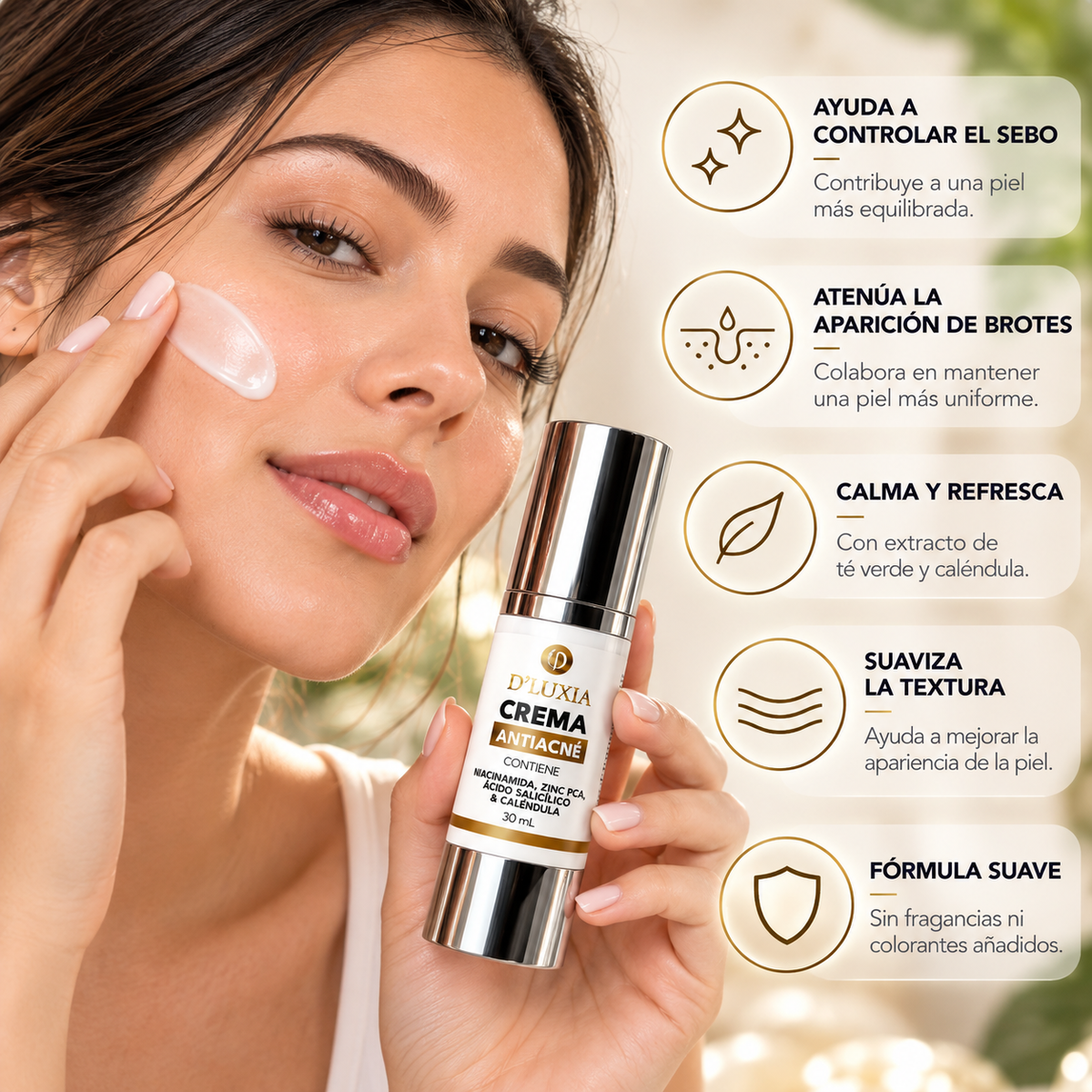 D'LUXIA, Crema Facial Anti-Acné y Control de Sebo, Niacinamida, Zinc PCA y Ácido Salicílico, 30 ml