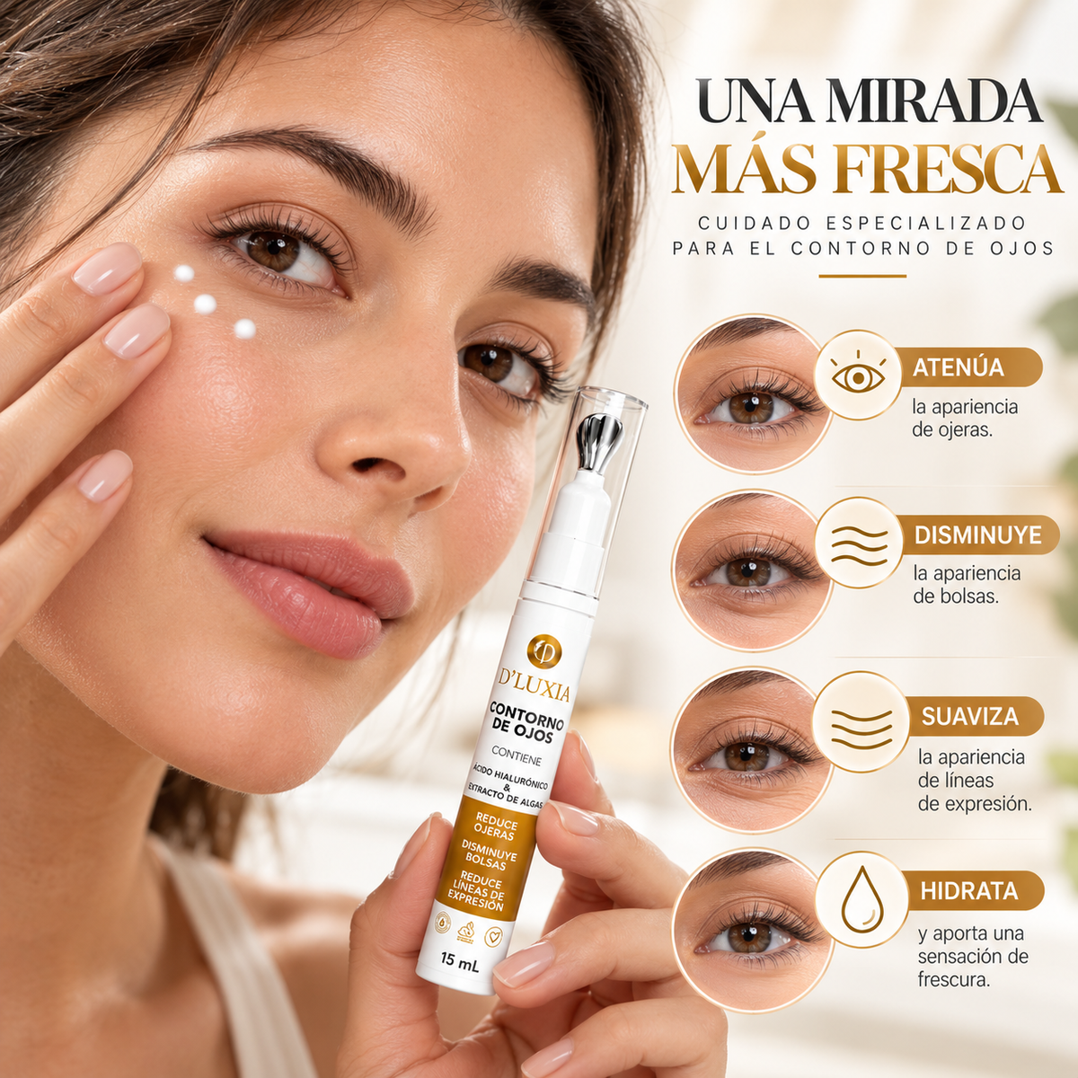 D'LUXIA, Contorno de Ojos Revitalizante Anti-Ojeras y Bolsas, Efecto Tensor e Hidratante, 15 g